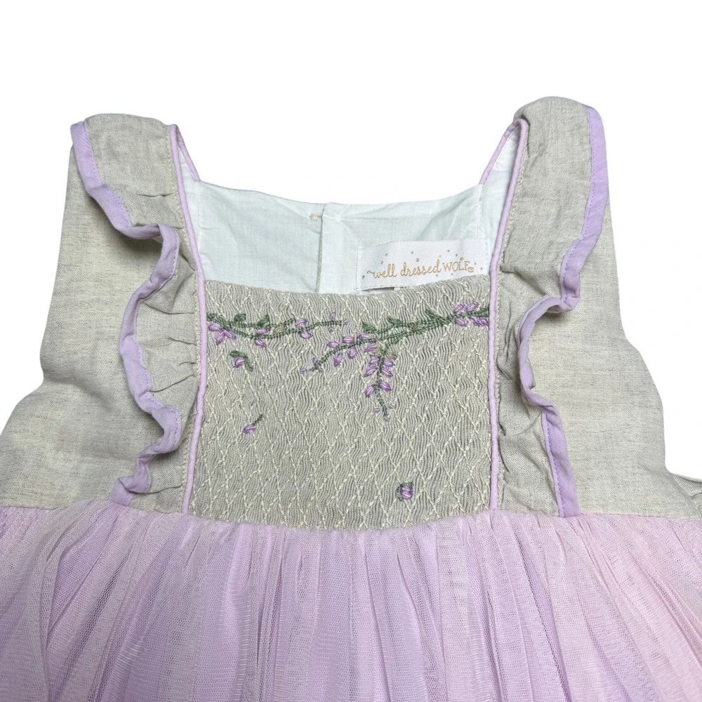 Well Dressed Wolf‎ Lilac Wisteria 4T Dress Linen Smocked Tulle Boutique Fairy